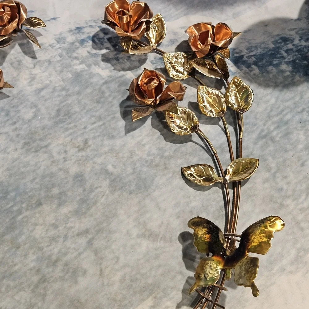 Vintage Metal Rose Wall Decor Gold Copper Butterflies Floral Hanging 20